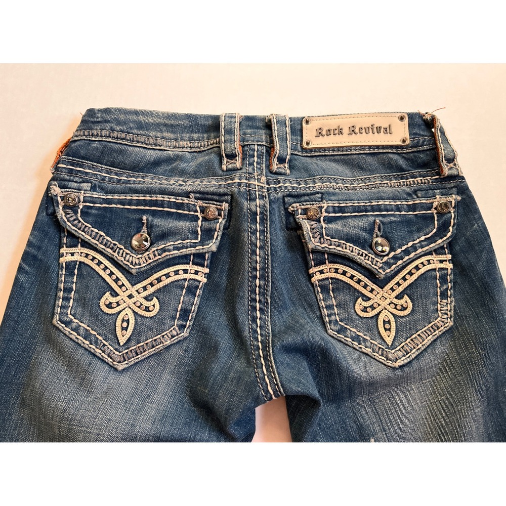 Rock Revival 3011 Bootcut Jeans Blue Distressed Embroidered Flap Pocket Size 25 - Picture 9 of 10